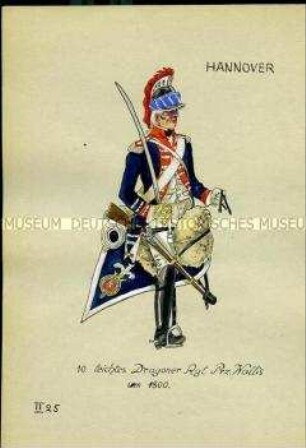 Uniformdarstellung, Dragoner des Leichten Dragoner-Regiments Prinz von Wallis No. 10, Kurfürstentum Hannover, um 1800. Tafel II 25 aus Manuskript "Uniformenkunde, Neue Folge, 3" von Herbert Knötel.