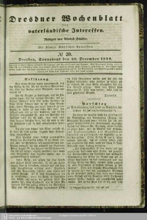 No. 20. Dresden, Sonnabend den 28. December 1839