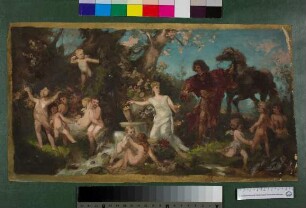 Szene mit Ritter, Frau und Putten