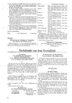 Anordnung über die Musikschulen : vom 12. Oktober 1961 (GBl. II S. 479) ; [Nachdrucke aus dem Gesetzblatt]