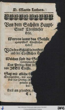 Von dem Sechsten Haupt-Stuck Christlicher Lehr.