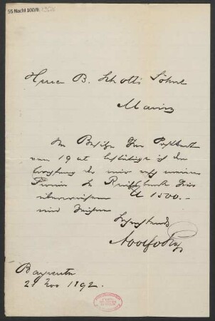 Brief an B. Schott's Söhne : 21.11.1892