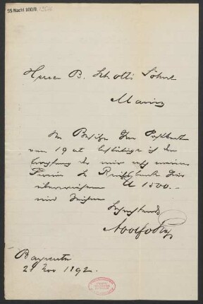 Brief an B. Schott's Söhne : 21.11.1892