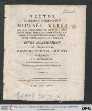 Rector Academiae Vitebergensis ... cives academicos ad memoriam resurrectionis Christi ... pie concelebrandam invitat