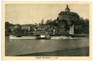 Hirschstein. Schloss mit Elbe und Schlepper Sachsen