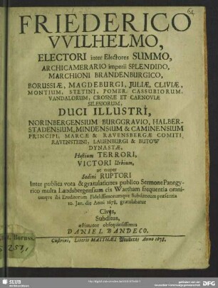 Friederico Wilhelmo, electori ... Brandenburgico ... Sedini ruptori ... : sermone panegyrico ... gratulabatur
