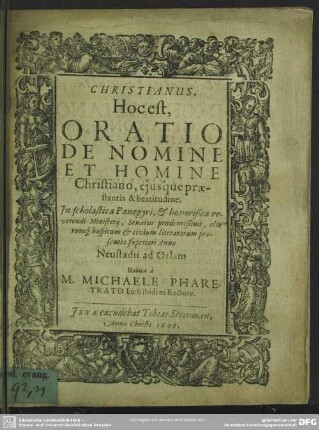 Christianus, h.e. oratio de nomine et homine christiano ejusque praestantia