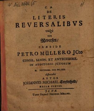 C. D. De Literis Reversalibvs : vulgo von Reversen