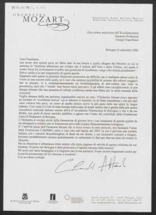 Brief an Giorgio Napolitano, 18.09.2006