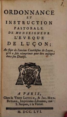 Ordonnance pastorale de Monseign. l'Evèque de Luçon