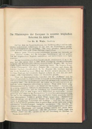 Die Pflanzungen der Europäer in unseren tropischen Kolonien im Jahre 1911.