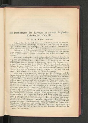 Die Pflanzungen der Europäer in unseren tropischen Kolonien im Jahre 1911.
