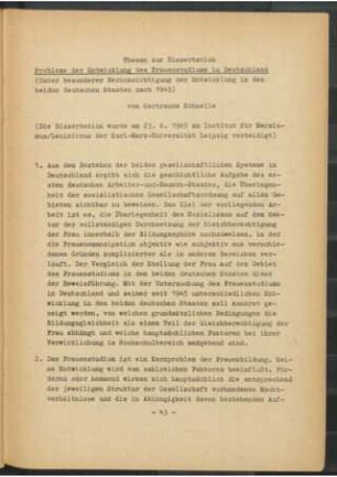 Thesen zur Dissertation "Probleme der Entwicklung des Frauenstudiums in Deutschland"