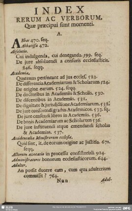 Index Rerum Ac Verborum, Quae praecipui sunt momenti