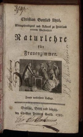 Christian Gottlieb Atzes, Mittagspredigers und Rektors zu Friedland unterm Fürstenstein Naturlehre für Frauenzimmer