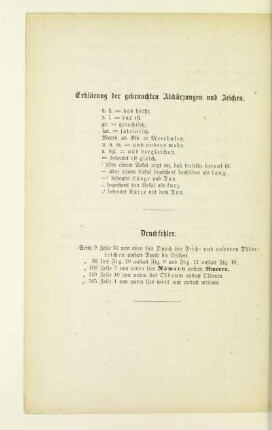 Erklärung der gebrauchten Abkürzungen und Zeichen. Druckfehler