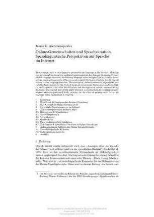 Online-Gemeinschaften und Sprachvariation : soziolinguistische Perspektiven auf Sprache im Internet