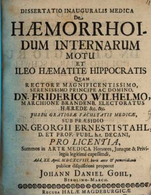 Diss. inaug. med. de haemorrhoidum internarum motu, et ileo haematite Hippocratis
