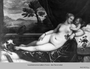 Venus und Cupido mit Rebhuhn - Liegende Venus mit Amor, einem Hund u. einem Rebhuhn