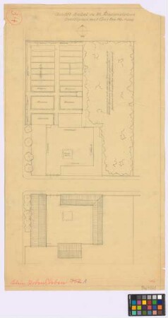 Klein-Rodensleben ([Landkreis Wanzleben]): Gehöft Zabel. Lageplan mit. - Wohnhaus (Umriss, Aufsicht). - Scheune (Umriss, Aufsicht). - Stall a (Umriss, Aufsicht). - Stall b (Umriss, Aufsicht). - Abort. - Laube. - Dungstätte