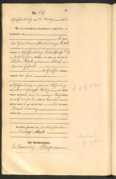 Standesamtsbuch der Stadt Aschaffenburg: Geburten 365/1900 - 184/1901