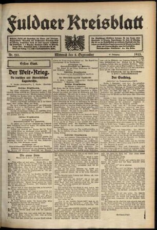 Erste Ausgabe vom Mittwoch, den 08. September 1915.