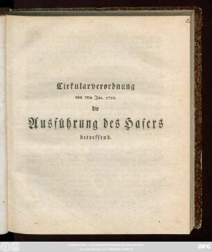 Circularverordnung vom 7ten Jun. 1792 die Ausführung des Hafers betreffend