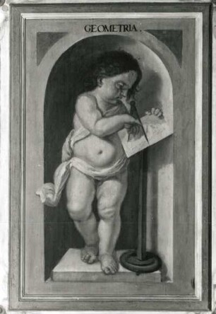 Putto mit Zirkel und Papier als Geometrie (Aus: Die sieben freien Künste) : Putto mit Zirkel und Papier als Geometrie (Aus: Die sieben freien Künste). Öl? auf Holz (wohl 1655/1684; C. Schiebling und C. Wiebel zugeschrieben). Radebeul, Hoflößnitz, Berg- und Lusthaus, Berg- und Lusthaus, Wohnraum der Kurfürstin