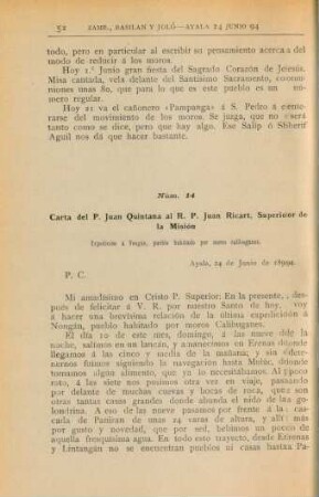 Núm. 14. Carta del P. Juan Quintana al Juan Ricart, Superior de la Misión