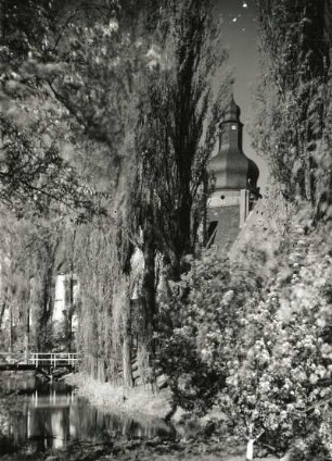 Gommern, Schlossturm : Gommern. Blick über die Ehle gegen den Schloßturm