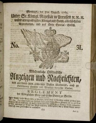 No. 31. Montags, den 5ten August, 1765.