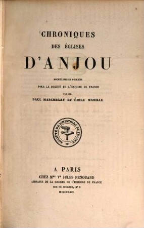 Chroniques des églises d'Anjou