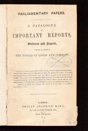 Parliamentary papers : a catalogue of important reports, evidence and papers