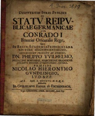 Dispvtatio Ivris Pvblici De Statv Reipvblicae Germanicae Svb Conrado I. Franciae Orientalis Rege