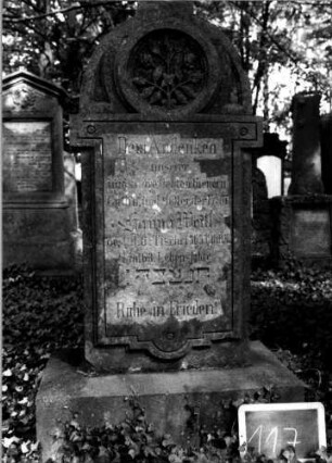 Grabstein 117 (Index: 100111242) Material: Sandstein Zustand: leicht verwittert Maße HxBxT: 146x60x25 cm Beschreibung: Stele, Sockel, Rundbogenaufsatz über ausgezogenem Steleteil, rechteckig erhöht Symbolik: Rosen: Grabstein 117