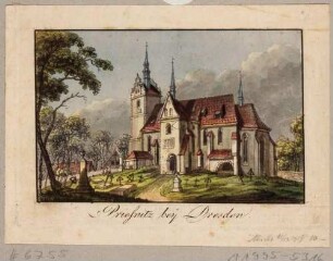Die Kirche in Briesnitz bei Dresden (um 1260, 15. Jh., Turm 1602, vor dem neogot. Umbau durch Möckel 1881/82), Blick nach Nordwesten