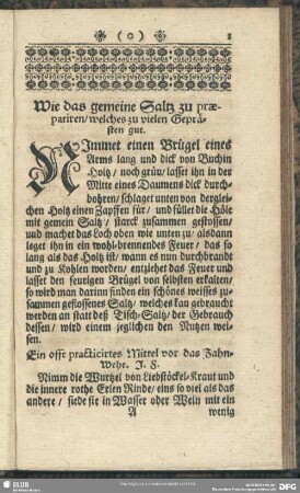 Wie das gemeine Saltz zu praepariren, welches zu vielen Geprästen gut