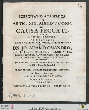 Band 19: Exercitatio Theologica ... In Articulum Augustanae Confessionis: De Causa Peccati