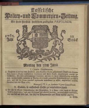 22. Stueck, Montag den 3ten Junii 1765