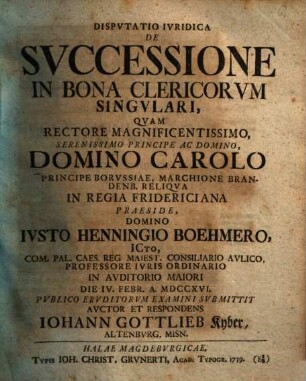 Disp. iur. de successione in bona clericorum singulari