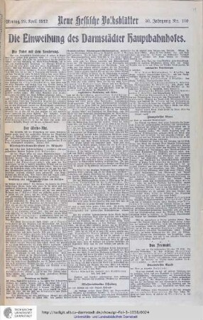 Aus: Neue Neue Hessische Volksblätter No. 100 [Jahrgang 51] vom 29. April 1912
