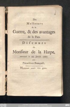 Des Malheurs de la Guerre, & des avantages de la Paix