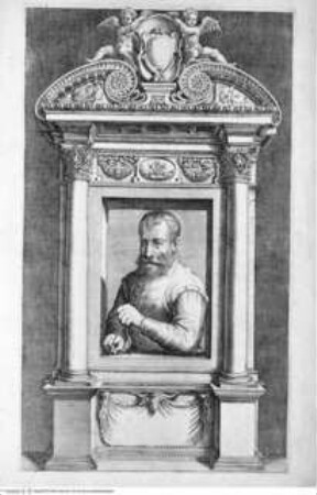 Regola de' Cinque Ordini d'Architettura (polygl.). Di M. Giacomo Barozzio da Vignola. Con la nuova aggionta di Michael-Angelo Buonaroti., (Folio 2): Bildnis des Vignola in einer Architekturrahmung