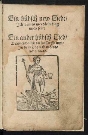 Ein huebsch new Liedt/|| Jch armes meydlein klag || mich seer:|| Ein ander huebsch Lied/|| Brinnende lieb du heisser flamm/|| Jn dem Thon. O mœrdt=||lichs mord.||