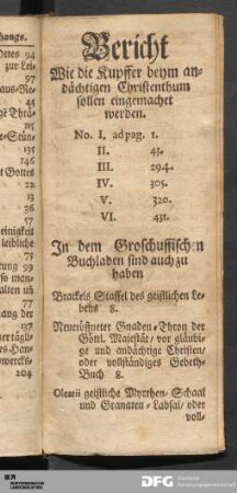 Bericht Wie die Kupffer beym andächtigen Christenthum sollen eingemachet werden.