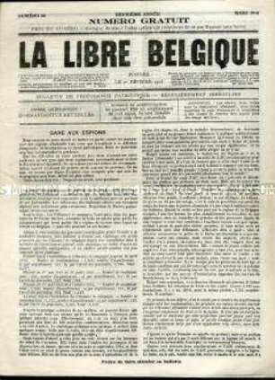 Illegale Wochenzeitung aus dem besetzten Belgien "La Libre Belgique" mit einer Warnung vor Spionen