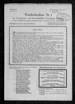 1947: Rundschreiben der Ärztekammer Hamburg und Kassenärztlichen Vereinigung Hamburg : an alle niedergelassenen Ärzte, beamteten Ärzte, Assistenzärzte und Ärztekasinos