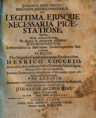 Disputatio juridica inauguralis, De legitima ejusque necessaria praestatione