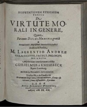 Disputationum Ethicarum Tertia De Virtute Morali In Genere [...]
