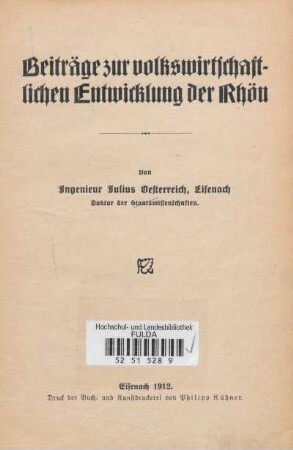 Beiträge zur volkswirtschaftlichen Entwicklung der Rhön